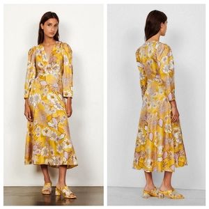 Sandro Georgina Silk 60s Floral Cut Out Puff Sleeve Midi dress